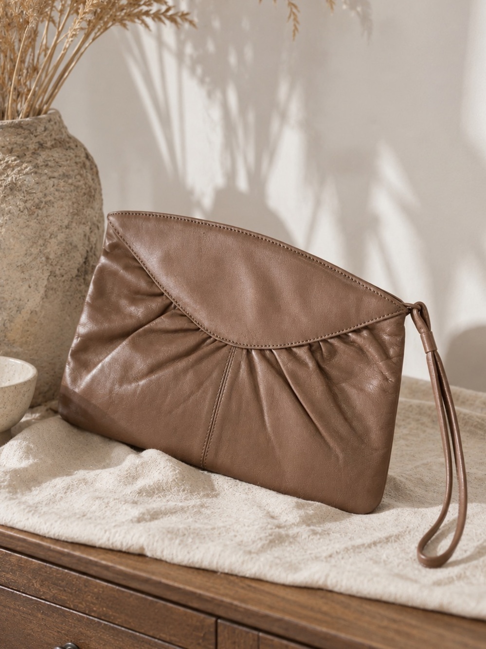 Toni Genuine Leather Taupe Wristlet ClutchSoft  Foldover Minimalist Purse